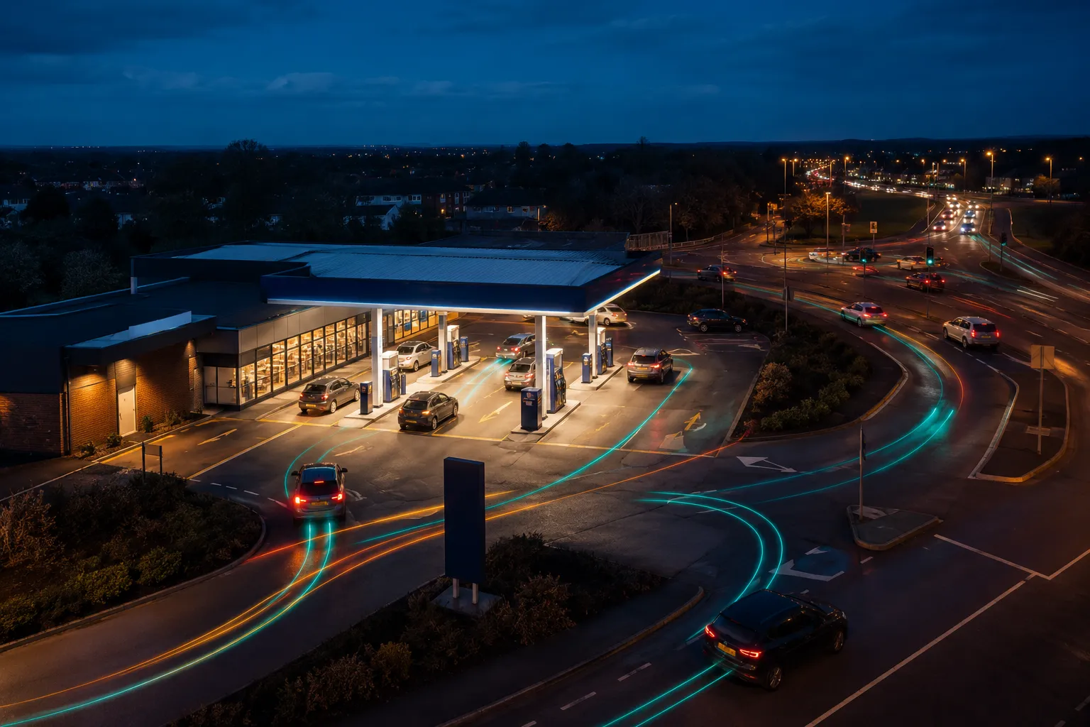Digital network visualisation representing forecourt intelligence.