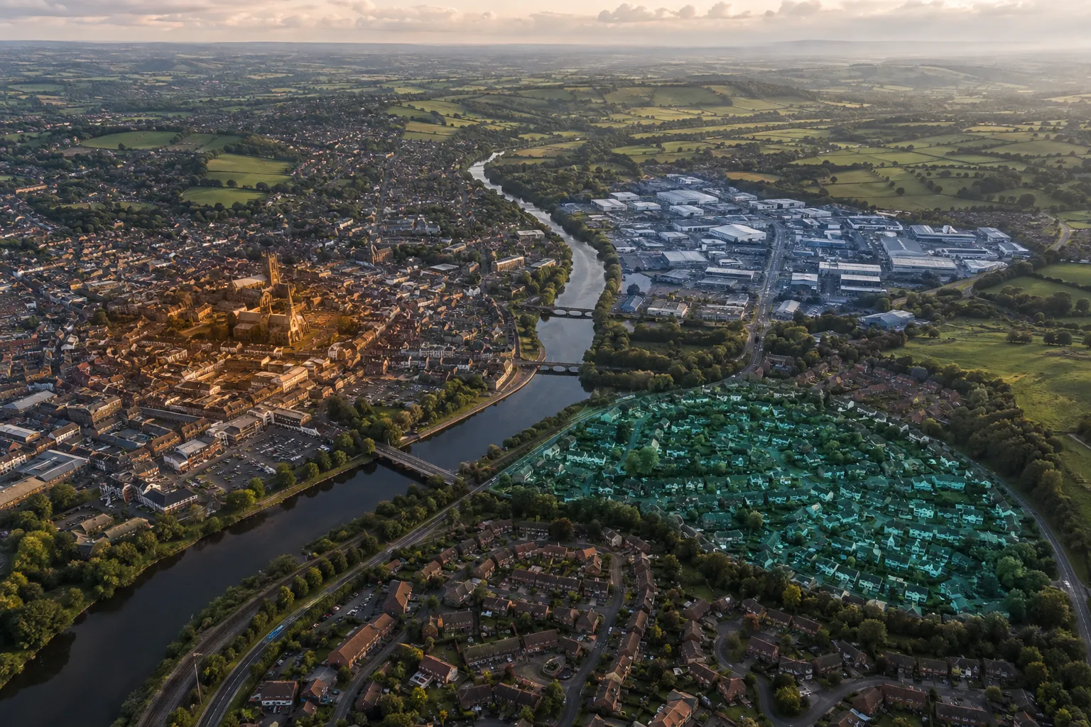 Aerial view of a place and its connected infrastructure.